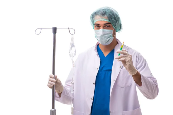 Genç doktor infüzyon kavram üzerinde beyaz izole — Stok fotoğraf