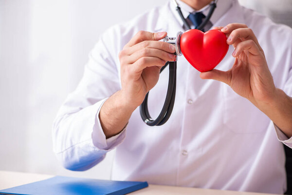 Male doctor cardiologist holding heart model 