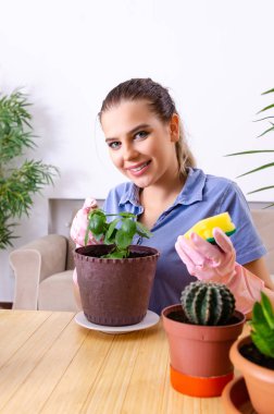 Evin içinde bitkileri olan genç bayan bahçıvan. 