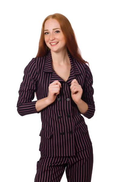 Imprenditrice in costume viola isolato su bianco — Foto Stock
