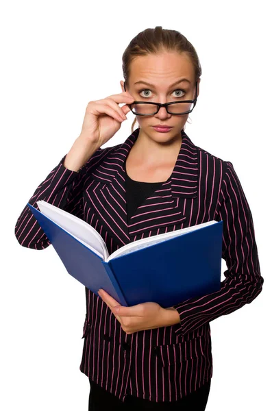 Jeune femme en costume violet avec des notes — Photo