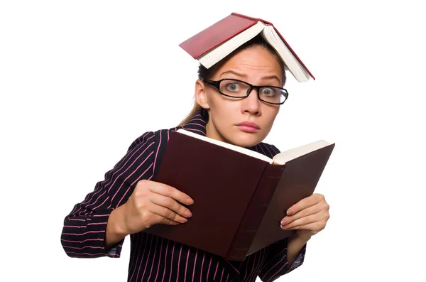 Mujer joven en traje púrpura sosteniendo libros — Foto de Stock