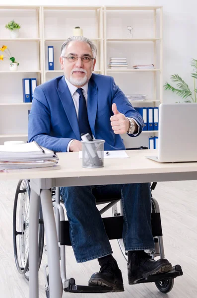 Employé âgé en fauteuil roulant travaillant au bureau — Photo