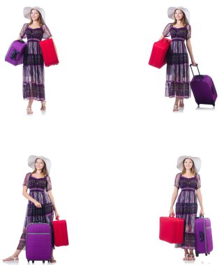 Bavul üzerinde beyaz izole olan kadın