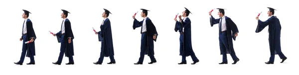 Jovem feliz com sua formatura isolado em branco — Fotografia de Stock