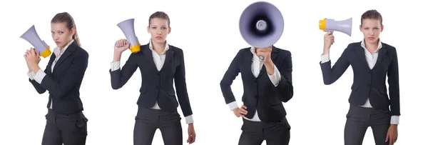 Woman with loudspeaker on white — Stock Photo, Image