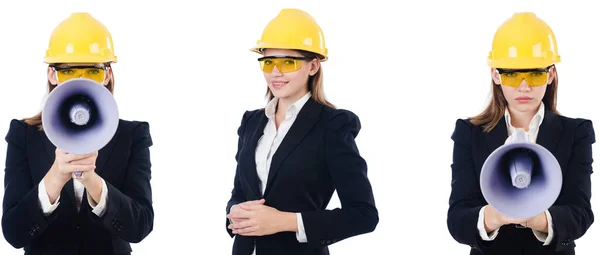 Constructeur féminin avec mégaphone isolé sur blanc — Photo