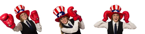 Femme avec gants de boxe isolés sur blanc — Photo