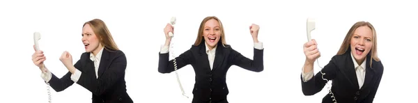 Bastante empleado de oficina sosteniendo teléfono aislado en blanco —  Fotos de Stock