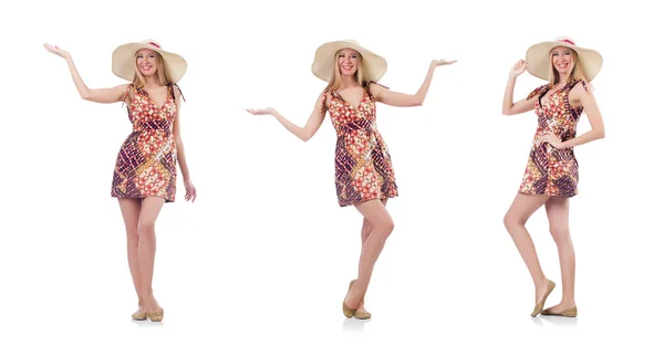 Schöne tanzende Frau im Sommerkleid, die vereinzelt Hände reicht — Stockfoto