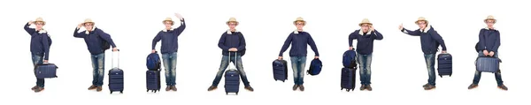 Lustiger Mann mit Gepäck trägt Safari-Hut — Stockfoto