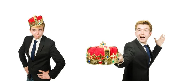 白で隔離された王冠を持つビジネスマン — ストック写真