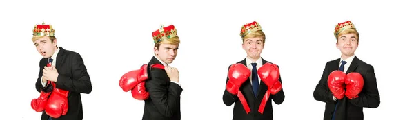 Funny businessman with crown and boxing gloves — Stock Photo, Image