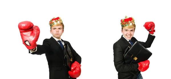Смішний бізнесмен з короною і боксерськими рукавичками — стокове фото