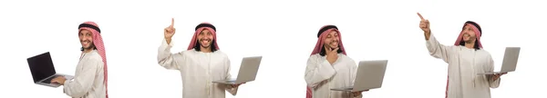 Αραβική άνθρωπος με φορητό υπολογιστή που απομονώνονται σε λευκό — Φωτογραφία Αρχείου