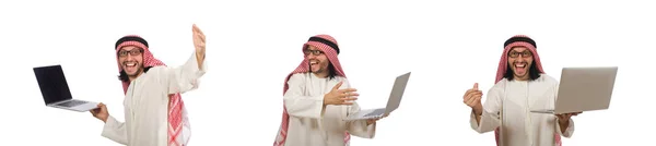 Αραβική άνθρωπος με φορητό υπολογιστή που απομονώνονται σε λευκό — Φωτογραφία Αρχείου