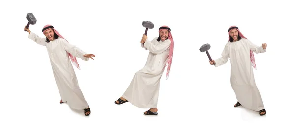 Angry arab man with hammer isolated on white — Stock Photo, Image