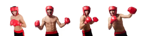 Boxer en casque rouge et gants isolés sur blanc — Photo