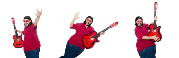 Grasso uomo con chitarra isolato su bianco — Foto Stock