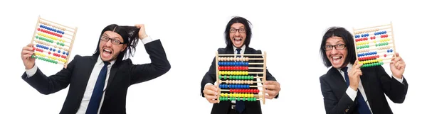 Hombre divertido con calculadora y ábaco — Foto de Stock