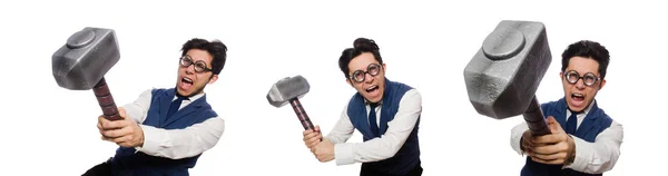 Junger Mann hält Hammer isoliert auf weißem Grund — Stockfoto