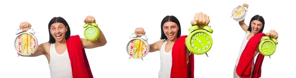 Funny man with clock isolated on white — Stock Photo, Image