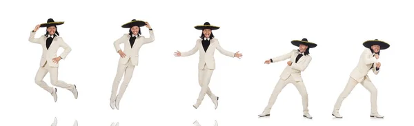 Смешной мексиканец в костюме и сомбреро изолированный на белом — стоковое фото