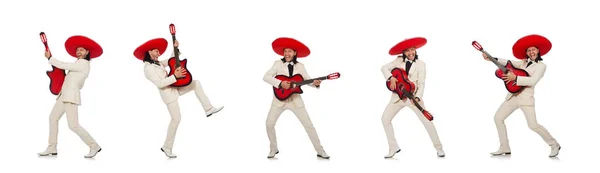 Lustiger Mexikaner im Anzug hält Gitarre isoliert auf weißem Grund — Stockfoto