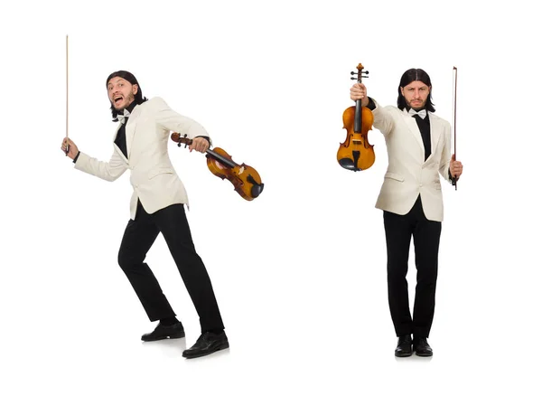 Hombre con violín tocando en blanco — Foto de Stock