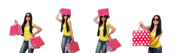 Femme avec des sacs à provisions isolés sur blanc — Photo