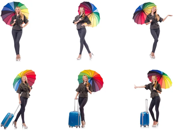 Жінка з валізою і парасолькою ізольована на білому — стокове фото