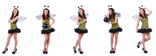 Jovem mulher em traje de abelha isolado no branco — Fotografia de Stock