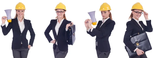 Constructeur féminin avec mégaphone isolé sur blanc — Photo