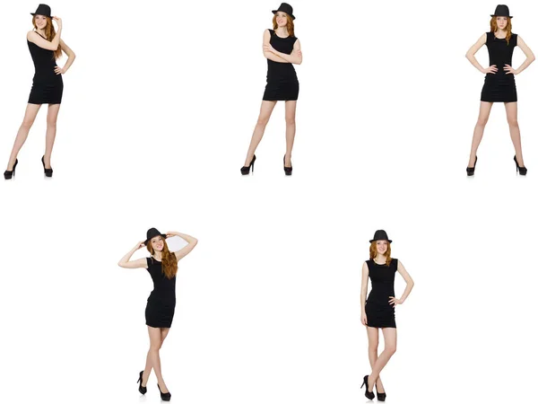 Ung dam i svart klänning med svart hatt — Stockfoto