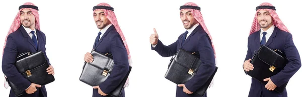 Hombre árabe con bolsa aislada en blanco — Foto de Stock