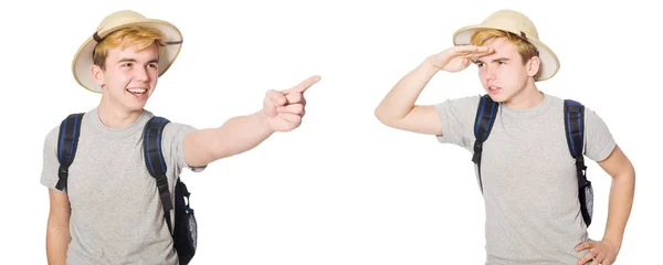 Junge mit Korkhelm und Rucksack — Stockfoto