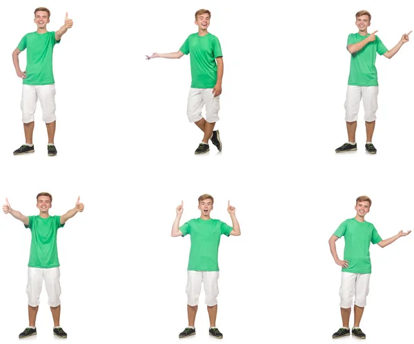Kleiner Junge in grünem T-Shirt isoliert auf weißem Grund — Stockfoto