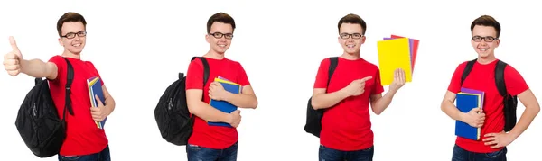 Jonge student met rugzak geïsoleerd op wit — Stockfoto