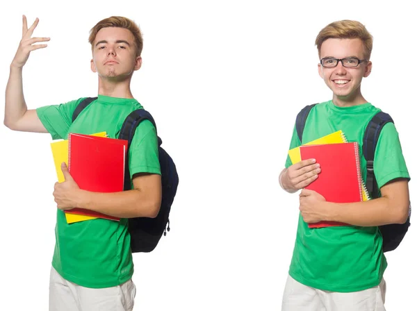 Junger Student mit Rucksack und Notizen isoliert auf weißem Papier — Stockfoto