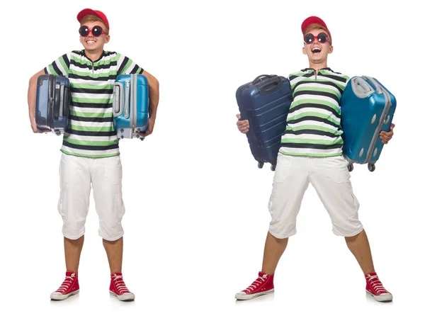 Young man with suitcase isolated on white — Stock Photo, Image