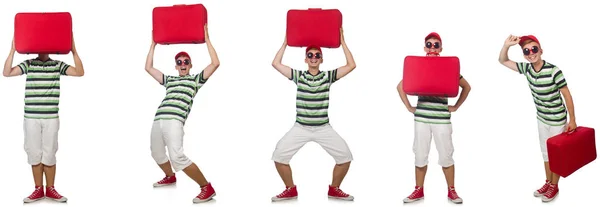 Fiatal férfi piros bőrönddel elszigetelt fehér — Stock Fotó