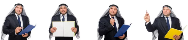 Арабский бизнесмен с записками, изолированными на белом — стоковое фото