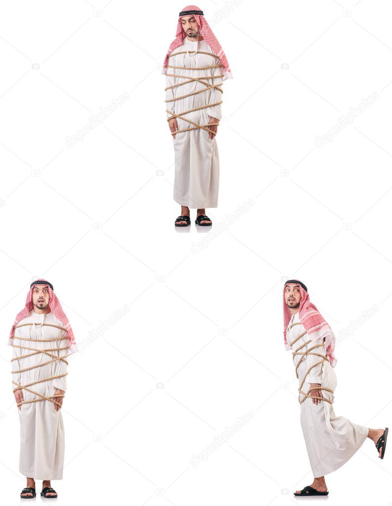 Arab businessman tied up with rope on white