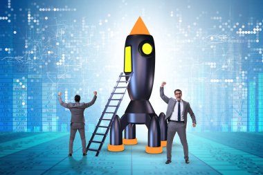 Genç işadamı uzay roketi start-up kavram yatılı