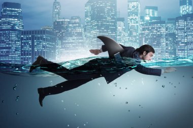 Köpekbalığı yüzgeci suda yüzen ile işadamı