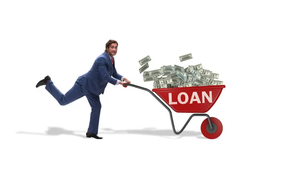 Zakenman duwen kruiwagen in schuld lening concept — Stockfoto