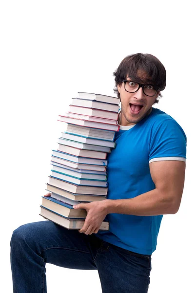 Studente maschio con molti libri isolati su bianco — Foto Stock