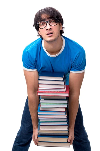 Άνδρας φοιτητής με πολλά βιβλία απομονώνονται σε λευκό — Φωτογραφία Αρχείου