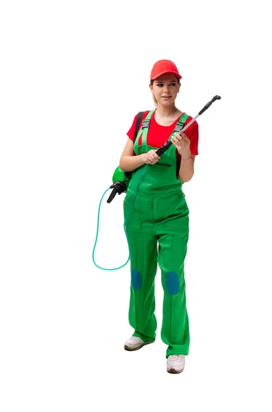 Female pest control contractor isolated on white — Stock Photo, Image