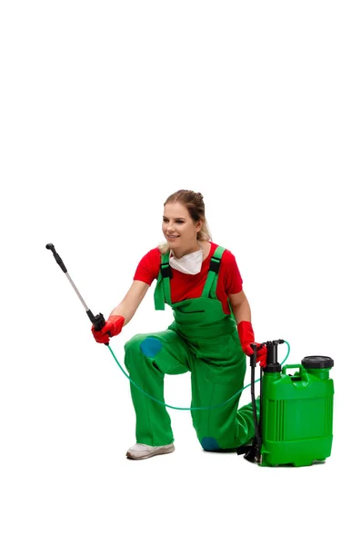 Female pest control contractor isolated on white — Stock Photo, Image